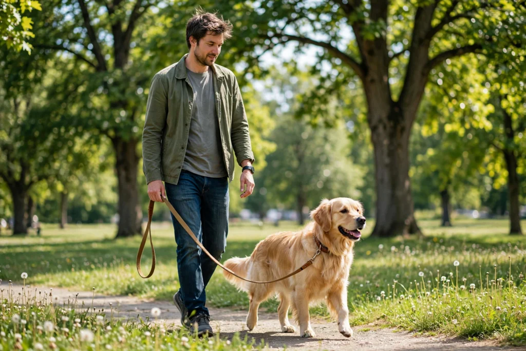 Person walking a golden retriever on a loose leash in a sunny park