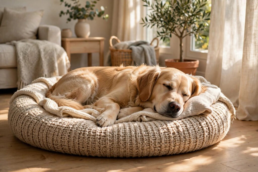 Calm dog resting on a bed at home showing relaxed behavior