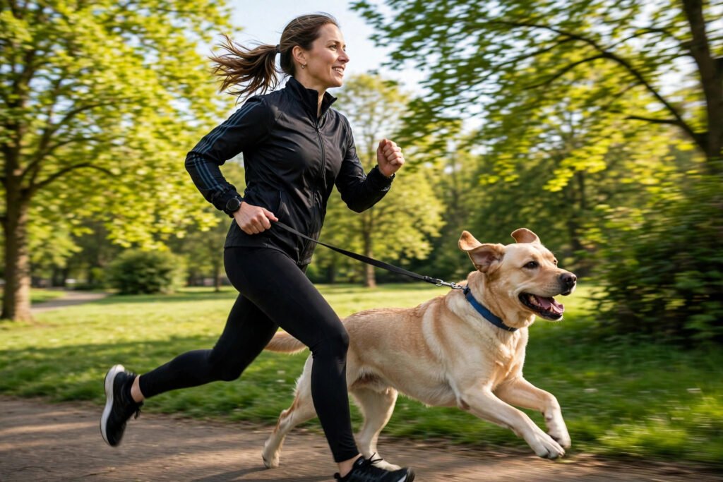 Dog running with a ball in a sunny park showing daily exercise