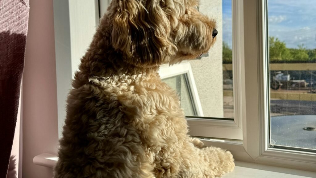 A curly-coated dog sitting on a windowsill looking out and waiting for its owner