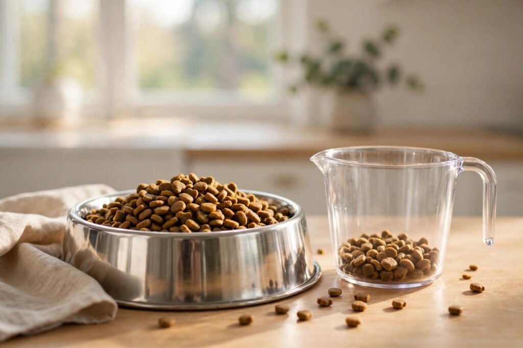 Dog food being measured into a bowl on a kitchen counter next to a measuring cup