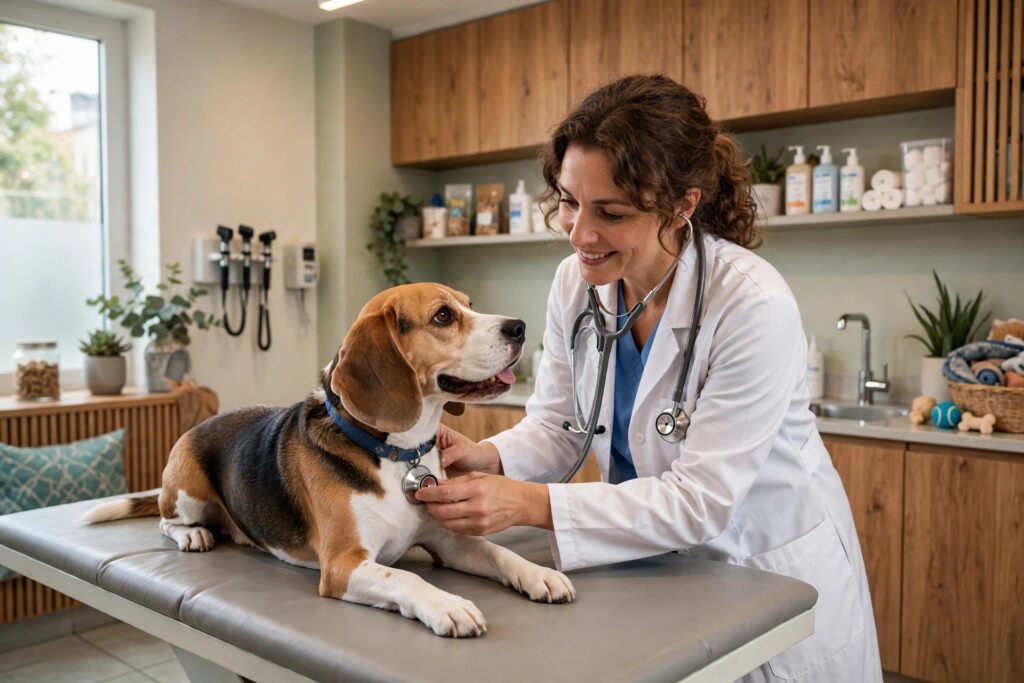 Veterinarian examining a happy dog on an exam table