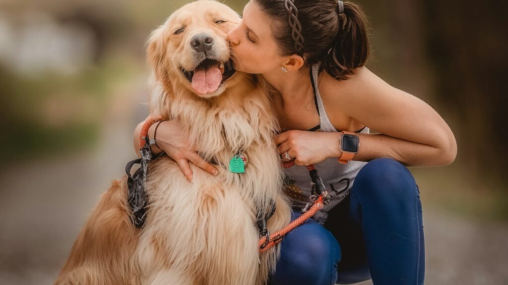 A person crouching down to hug a golden retriever on a walk