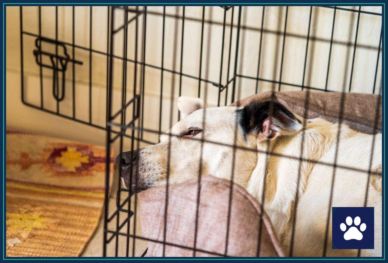 Dog resting calmly in a kennel with a soft bed — a well-run dog boarding facility should feel calm, clean, and well supervised