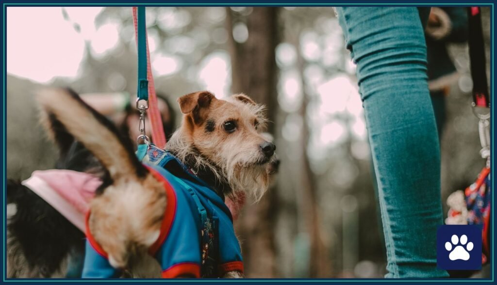 Dog owner walking two small dogs on leashes through a green park