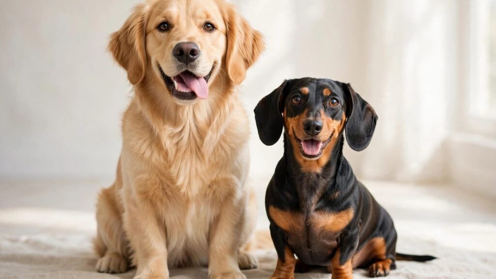 Smiling golden retriever and dachshund sitting side by side — illustrating spay and neuter timing guidance for large and small dog breeds