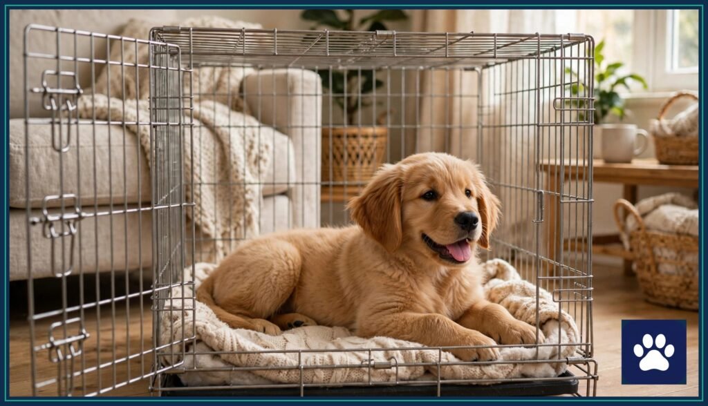Golden retriever puppy lying relaxed inside an open wire crate in a bright living room — illustrating how to crate train a puppy