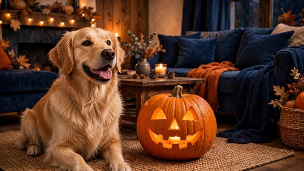 Golden retriever sitting next to a glowing jack-o'-lantern in a cozy Halloween-decorated living room