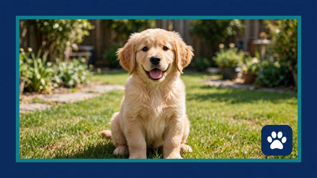 Golden retriever puppy sitting on green grass in a sunny backyard — illustrating a puppy potty training schedule
