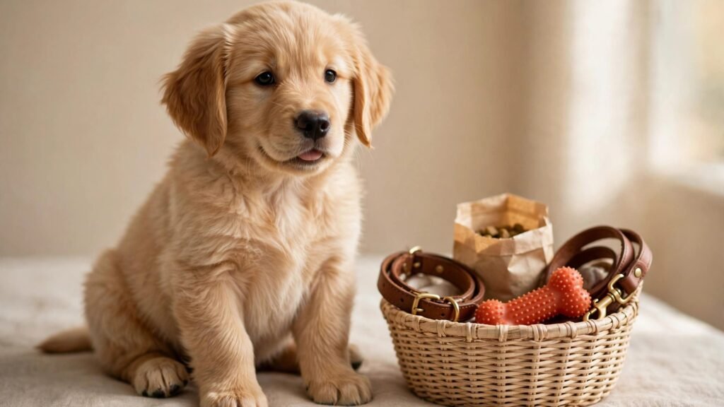 Golden retriever puppy next to a basket of puppy supplies — collar, chew toy, kibble, and leash — illustrating the first-year puppy cost breakdown