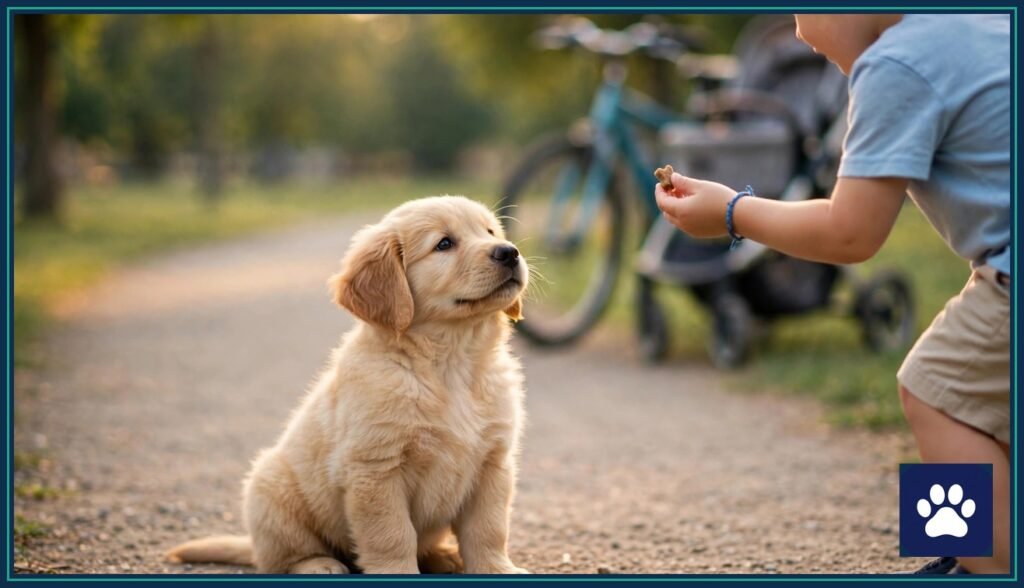 Golden retriever puppy calmly taking a treat from a child on a park path — illustrating the puppy socialization checklist