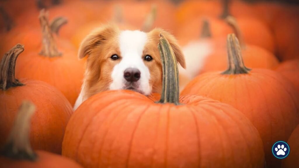 A brown and white dog peeking out from a pile of orange pumpkins